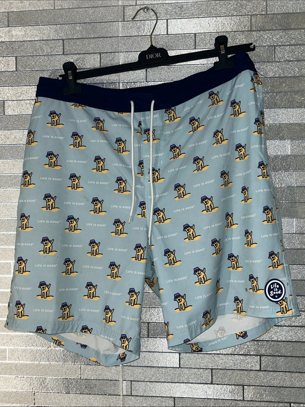 Life Is Good Light Blue Swim Trunks with Yellow Dog Print, XL